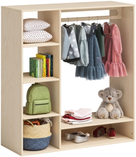 Bellabino 'Tea' Kindergarderobe, natur unbehandelt, Sperrholz Birke, 114x40x105 cm, Kinderkleiderschrank mit Kleiderstange und 6 Ablagefächern