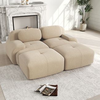 Flieks Modulares Cord Sofa 2-Sitzer mit 2x Hocker, Cloud Sofa rahmenlos, bodennah mit tiefer Sitzfläche, auch als Schlafsofa nutzbar, Beige