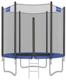 Trampolin Ø 183 cm, Gartentrampolin für Kinder mit Sicherheitsnetz, Randabdeckung, Leiter, 180 cm hohe gerade Stangen, Stahl-Rahmen, Blau, STRDE061Q01