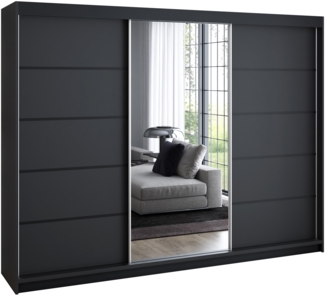 A&J MöbelLand 'Vilano' Schwebetürenschrank, mit 4 Schubladen und Spiegel, Spanplatte, Schwarz / Schwarz / Schwarz, 215 x 59,5 x 200 cm