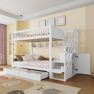 Etagenbett, Kinderbett mit Schublade, Regal, Kleiderschrank und Staufach, Holz, Weiß, 90×200 cm