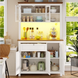 Flieks Küchenbuffet mit LED-Beleuchtung und verstellbaren Ablagen (1-St, B105/T40/H180 cm) Hochschrank Küchenschrank Geschirrschrank mit Schubladen und Glastüren