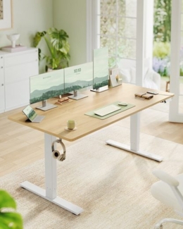 VASAGLE Höhenverstellbarer Schreibtisch, 160 x 80 cm, USB-C-Anschluss, Ablage für Steckdosenleiste, Stehtisch, Erinnerung bei langem Sitzen, 3 Speichertasten, für Büro, goldeichenfarben