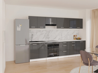 Vente-unique - Komplette Küche – Mit Arbeitsplatte 300 cm – Glänzend Grau & Weiß – TRATTORIA