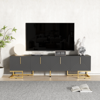 TV-Schrank,lowboard mit strukturierter Tr, TV-M?bel, goldenen Griffen und goldenen F?en.