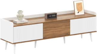 TV-Schrank, TV-Tisch, TV-Ständer, dreitüriger Unterschrank, Kompakte Konstruktion, Weiß + Naturholz, 160 x 39 x 49.5 cm
