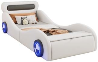 OKWISH Kinderbett Polsterbett in Form eines Autos mit leuchtenden Rädern und Stauraum (Polsterbett 90x200 cm, Autobett mit LED-Rädern, Stauraum & sicherem Design, Kinder- & Jugendbett, PU, Einzelbett, Kunstleder 90x200cm), ohne Matratze