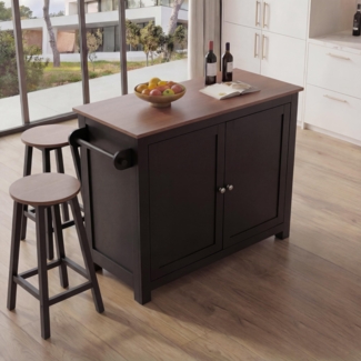 Kücheninsel HWC-P61 mit 2 Sitzhockern, Küchenschrank Schublade Staufächer MDF 90 x 120 x 45 cm ~ schwarz, dunkles Holz