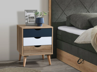 Vente-unique - Nachttisch mit 3 Schubladen - Holzfarben, Weiß und Blau - LURVIA