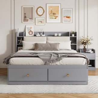 Massivholz Kombibett 140x200 cm Weiß Grau mit Sideboard Sofabank Nachttisch Komplettset Doppelbett mit Stauraum Schubladen Kopfteil Kiefernholz Möbelset Schlafzimmer Set Bettgruppe Stauraum Lösung