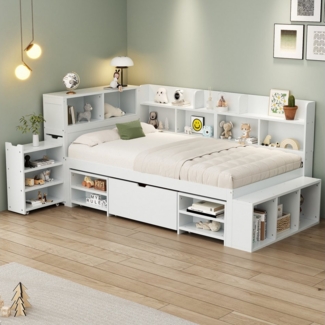 Tongtong Einzelbett Kinderbett, multifunktionales Kinderbett mit Schubladen (Bis 150 kg belastbar, Ohne Matratze, 90*200 cm), Bücherregal und Stauschrank, großer Stauraum, Lattenrost, Weiß