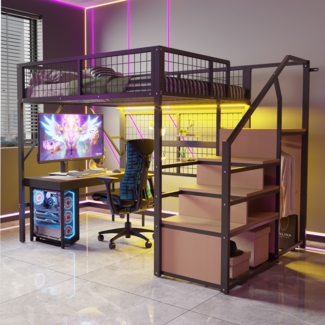 Merax Hochbett, Kinderbett, Etagenbett 140*200cm, Geeignet für Kinder und Jugendliche Vielseitiges,Metall-Hochbett mit APP-gesteuerten LED-Lichtleisten Treppe mit Stauraum, offenem Kleiderschrank, Schwarz