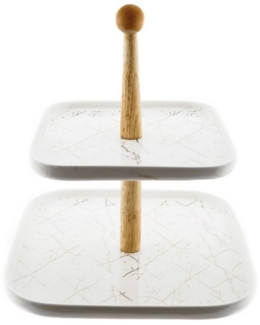 2-stöckige Etagere im Marmordesign mit Holzgriff perfekt für Gebäck und Desserts - Weiß