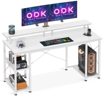 ODK Schreibtisch mit Regal Reversibel Monitorständer Gaming Tisch Weiß 120x50cm