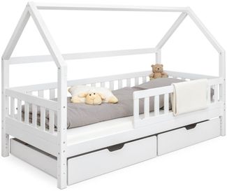 Ehrenkind Hausbett aus nachhaltigem Kiefernholz (mit abnehmbarem Rausfallschutz aus nachhaltigem Holz, Erhältlich in Natur und Weiß Kinderbett 80x160/90x200 cm), höhenverstellbar, nachhaltiges Kiefernholz, hergestellt in Europa