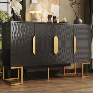 Sideboard B 140 x T 40 x H 80 cm, Schwarz, 4 Türen mit höhenverstellbaren Einlegeböden, MDF/Metall
