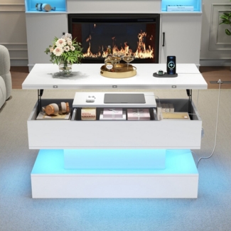 REDOM Couchtisch Weiß Hochglanz Wohnzimmertisch Sofatisch (höhenverstellbar Satztisch, Beistelltisch, 1-St, 100*50*51.5cm), mit USB- / Typ-C-Anschluss, verstecktem Stauraum