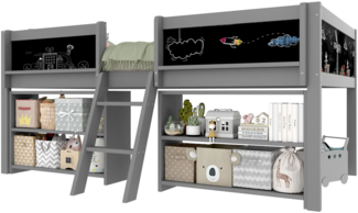 Kinderbett mit Regal, Leiter und Lattenrost, 90x200 cm, Rausfallschutz, Holzbett, Jugendbett, Einzelbett, Kiefer