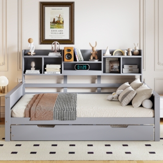 Multifunktionales Schlafsofa Grau 140x200 Mit Ausziehbett Staufächern Massivkiefer 120kg Tragkraft Doppelbett Gästebett