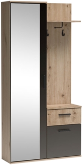 MEBLINI Garderobenschrank Flur mit Spiegel - LUXOR - 97x30x195cm R/L - Artisan Eiche/Schwarz - Garderobe Schrank - Flurgarderobe schmal - Garderobe Flur Möbel Set - Flurschrank hoch