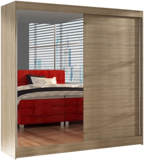 Schwebetürenschrank Basti I 200 cm mit Spiegel - Kleiderschrank, Schiebetürenschrank mit Kleiderstange und Einlegeboden, Schlafzimmerschrank, Schiebetüren, 200 x 215 x 58 cm (Sonoma)