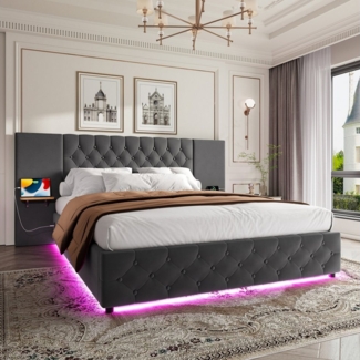 Celya Polsterbett Doppelbett, mit breitem Kopfteil, LED-Licht, USB-Anschluss (160 x 200 cm, Ideal für Schlafzimmer und komfortablen Schlaf), hydraulischem Hebesystem und großem Stauraum unter dem Bett