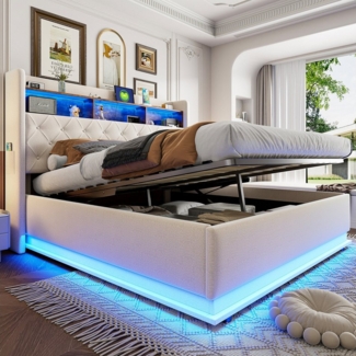 Flieks Polsterbett, LED Doppelbett 180x200cm mit USB-Ladefunktion & hydraulischem Stauraum