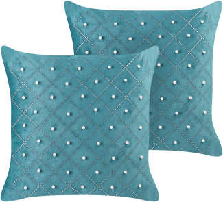 Kissen 2er Set Geometrisches Muster YARROW Samtstoff 45 x 45 cm Blaugrün