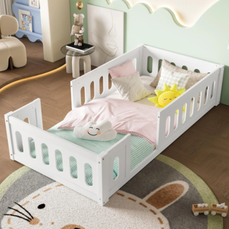 Kinderbett mit Zaun, ohne Lattenrost, 90x200 cm, Holzbett mit Rausfallschutz, Einzelbett, Kiefer