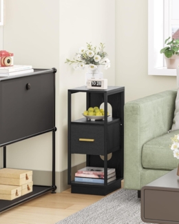 Nachttisch 2er Set, Beistelltisch mit Offenes Fach, Nachttisch Schmal mit 1 Stoffschublade, Modern, für Schlafzimmer, Wohnzimmer, 30 x 24 x 60 cm, Schwarz