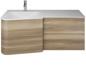 Burgbad BADU Waschbecken mit Unterschrank 122 cm breit, Braun, Waschbecken Gussmarmor Weiß, Ablage rechts, 4 Schubladen