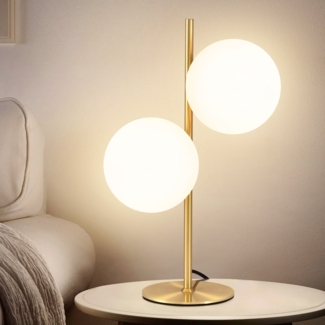 ZMH Tischlampe Wohnzimmer Modern Nachttischlampe - Industrial Tischleuchte Gold 2 Flammig mit Schalter Metall Design aus Weiß Glas Nachttischleuchte Messing E27 für Schlafzimmer Kinderzimmer Büro