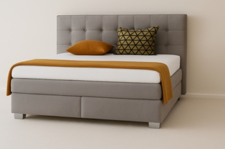 A&J MöbelLand Boxspringbett VERONA 160 x 200 cm mit zwei 7-Zonen-Taschenfederkernmatratzen und gepolstertem Kopfteil. Farbe: Hellgrau