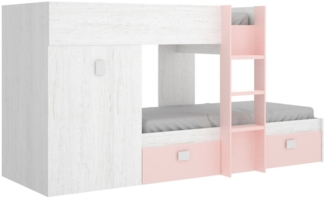 Dmora Schlafzimmer Araba, Komplettes Schlafzimmer, Etagenbettkomposition mit zwei Einzelbetten, 271 x 111 x 150 cm, Weiß und Rosa