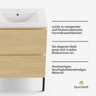 Blumfeldt Johnstone Waschbecken mit Unterschrank – natürliches Holzfinish, Keramikbecken, Soft-Close, feuchtigkeitsbeständig, geräumige Schubladen, einfache Selbstmontage – inklusive Füßen