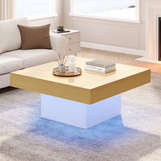 Merax Kreativer LED-Couchtisch in Pilzform, 70x70x40 cm – Stilvoller, quadratischer Beistelltisch, 30 kg Tragkraft, modernes Design für Wohnzimmer