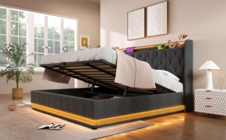 Polsterbett 180x200 cm mit hydraulischem Bettkasten und 360°-LED, graues Leinen, USB Typ-C