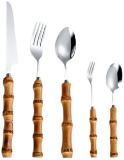 Einzigartiges Besteckset aus Edelstahl mit Bambusgriff: Messer, Gabel, Löffel, Steakmesser, Dessertlöffel (Silber, 5-teilig)