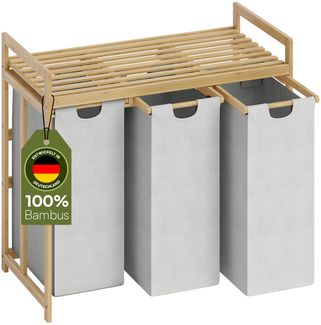 Bellamio 'Newa' Wäschesammler aus Bambus, hellgrau, inkl. 3 Wäschesäcke je 50 Liter, aus Oxford-Gewebe, ausziehbar, Wäschekorb mit Ablagefläche