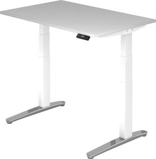 bümö® Sitz- & Stehschreibtisch Serie-XBHM elektrisch höhenverstellbar mit Memoryfunktion, Tischplatte 120 x 80 cm in Grau Gestell in weiß / aluminium poliert