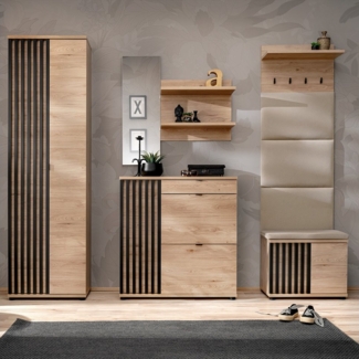 Lomadox Garderoben-Set POLICORO-164, (Spar-Set, 5-St, Garderobenschrank Spiegel Schuhschrank Garderobenpaneel Flurbank), Flurgarderobe, Kastanienholz mit schwarzen Lamellen, inkl. Sitzpolster