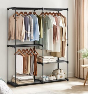 SONGMICS Kleiderschrank offen, freistehende Garderobe, Standregal, Kleiderständer mit Kleiderstangen, Garderobenständer, Ankleidezimmer, Schlafzimmer, 43 x 124 x 182 cm, schwarz RYGDE026B02