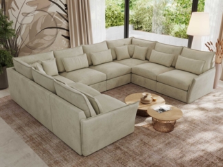 Modulares U-förmiges Wohnzimmer-Ecksofa, XXL Ecksofa mit Armlehnen, Wohnlandschaft, Universal-Ecksofa mit lockeren Kissen - VERSO U 8M - Beige Velours