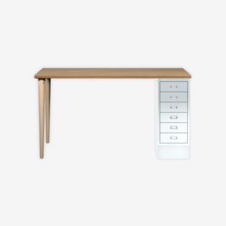 MultiDesk, 2 Eichenfüße, 1 MultiDrawer mit 6 Schüben, Dekor natürliche Eiche, Farbe Verkehrsweiß, Maße: H 740 x B 1400 x T 600 mm