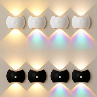 PRIISF Nachtlicht Wandleuchte ohne Stromanschluss Bewegungsmelder Akku Wandlampe Innen, USB-Aufladbare, Wand Lampe Batterie Flur Strahler Licht Up Down Kabellos Treppenlicht, RGB, Sonnenuntergangs Lichteffekt, 3000K Warmweiß, 4500K Neutralweiß, 6500K T...
