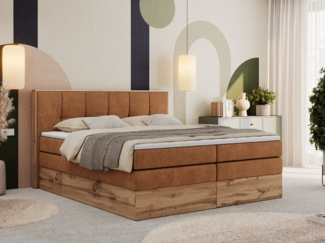 Boxspringbett, Doppelbett mit zwei 7 Härtezonen Multipocket-Matratzen, Bettkästen, Eiche Wotan Holzrahmen, Polsterbett mit Topper-Matratze - ALBERO 1 KING - 200 x 200 cm - Orange Stoff - H4