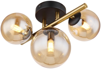 LED Deckenleuchte, Glas Kugel amber, messing, L 28 cm
