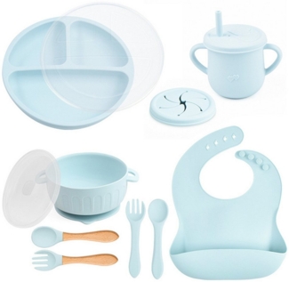 Refined Living Kindergeschirr-Set 11-tlg Silikon Baby Geschirrset Rutschfest mit Saugnapf Esslernbesteck (11-tlg), Baby Teller Löffel Gabel Schüssel Lätzchen Trinklernbecher mit Deckel