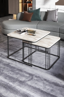 2-teiliges quadratisches Couchtisch-Set 70 x 60 cm Spanplatte/metallprofil/pvc Ecru 89321596 [en. casa]