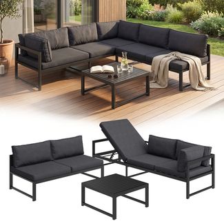 STEELSØN 'Alioth' Gartenlounge Set mit Tisch, Metall, schwarz, modulares 3-tlg. Outdoor Ecksofa Set, Liege 6-fach verstellbar, wetterfest, inkl. Kissen